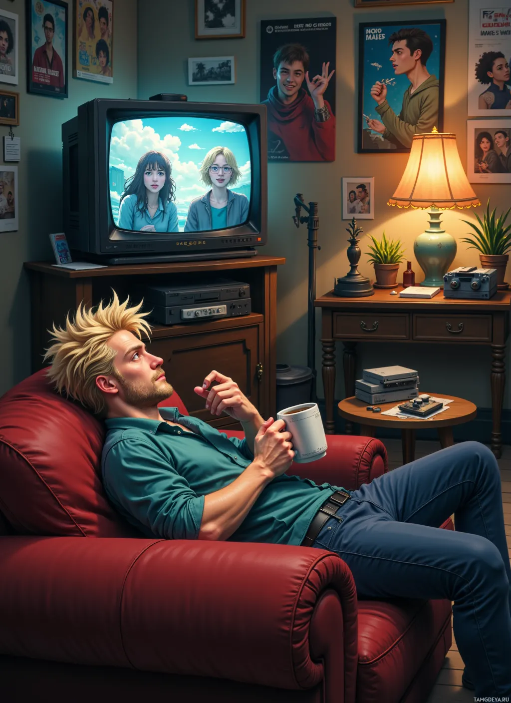 A man lounges on a red couch, holding a mug, while watching a TV showing two people.