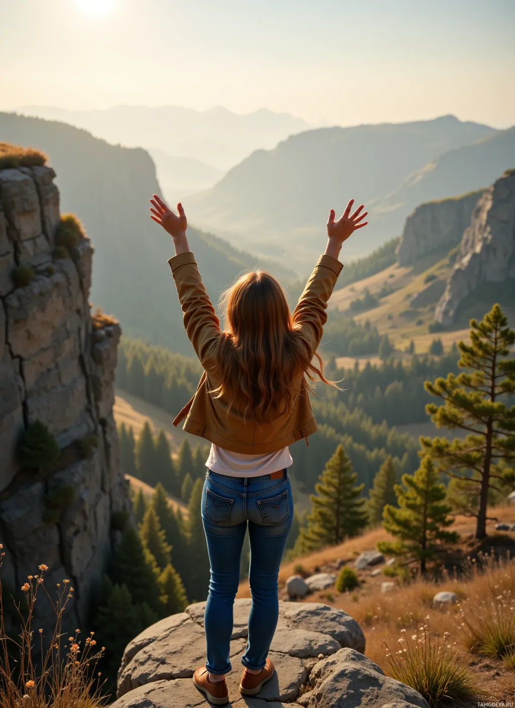 A person stands on a rocky outcrop, arms raised, overlooking a scenic mountain landscape.