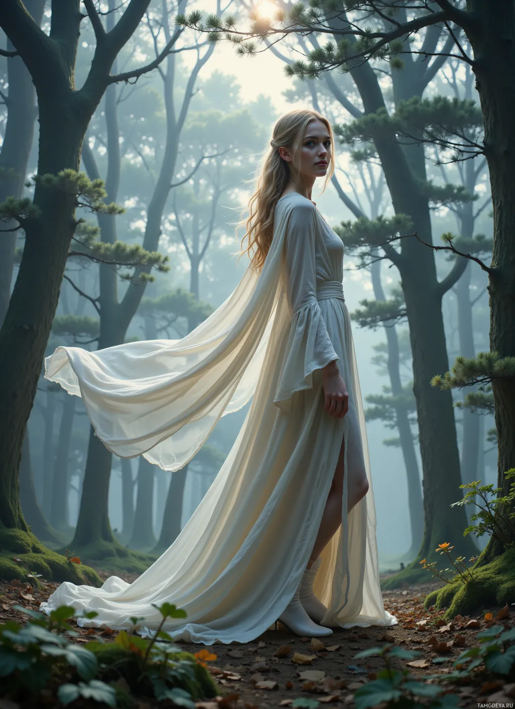A woman in a flowing white dress stands in a misty forest.