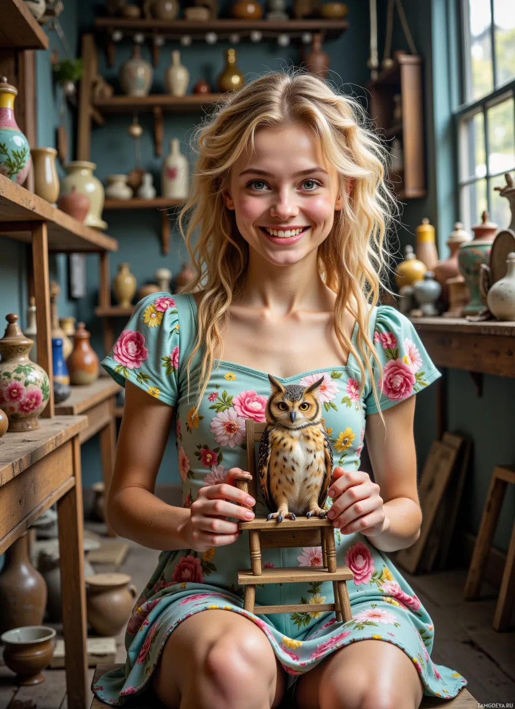 A person in a floral dress holds a small owl on a miniature chair in a pottery studio.