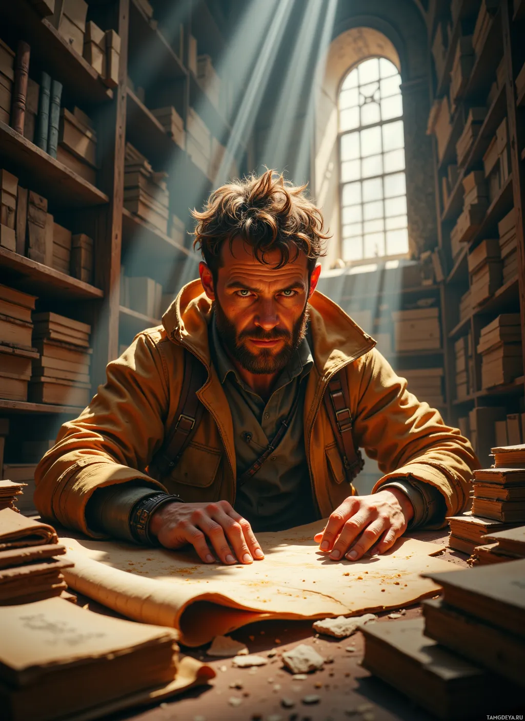 A man in a library with sunlight streaming through a window, surrounded by books.