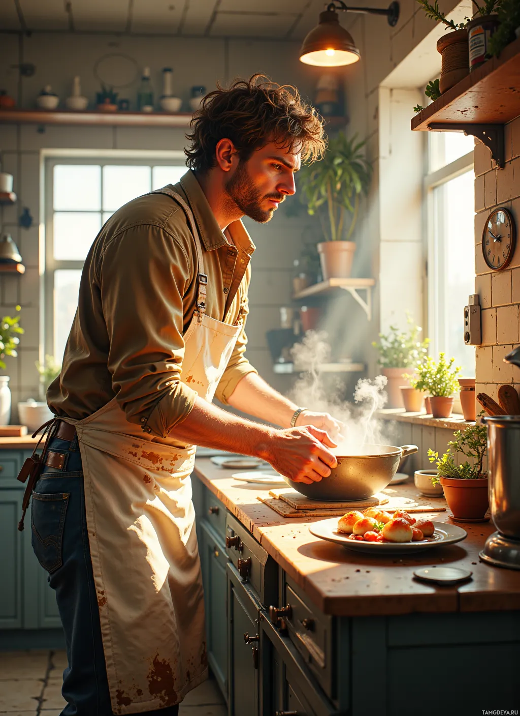 A man in an apron is cooking in a rustic kitchen.