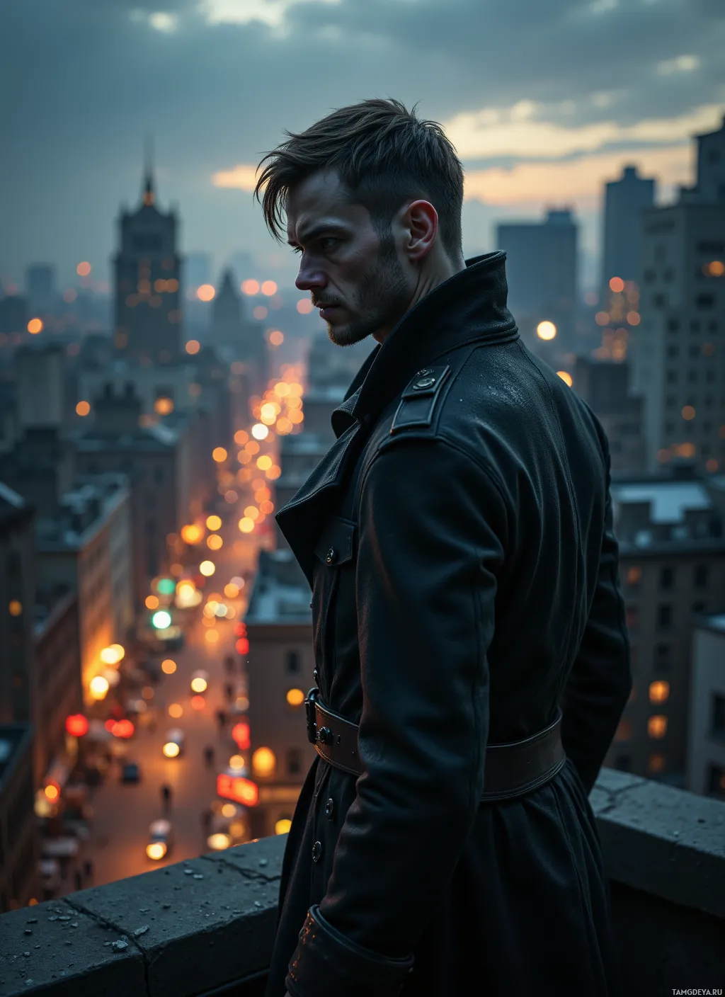 A man in a black coat stands on a rooftop overlooking a cityscape at dusk.