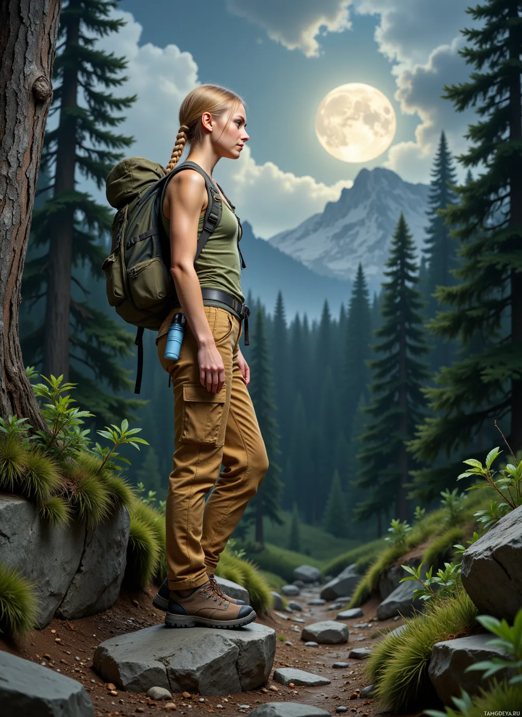 A woman with a backpack stands on a rocky path in a forested area with a mountain and full moon in the background.