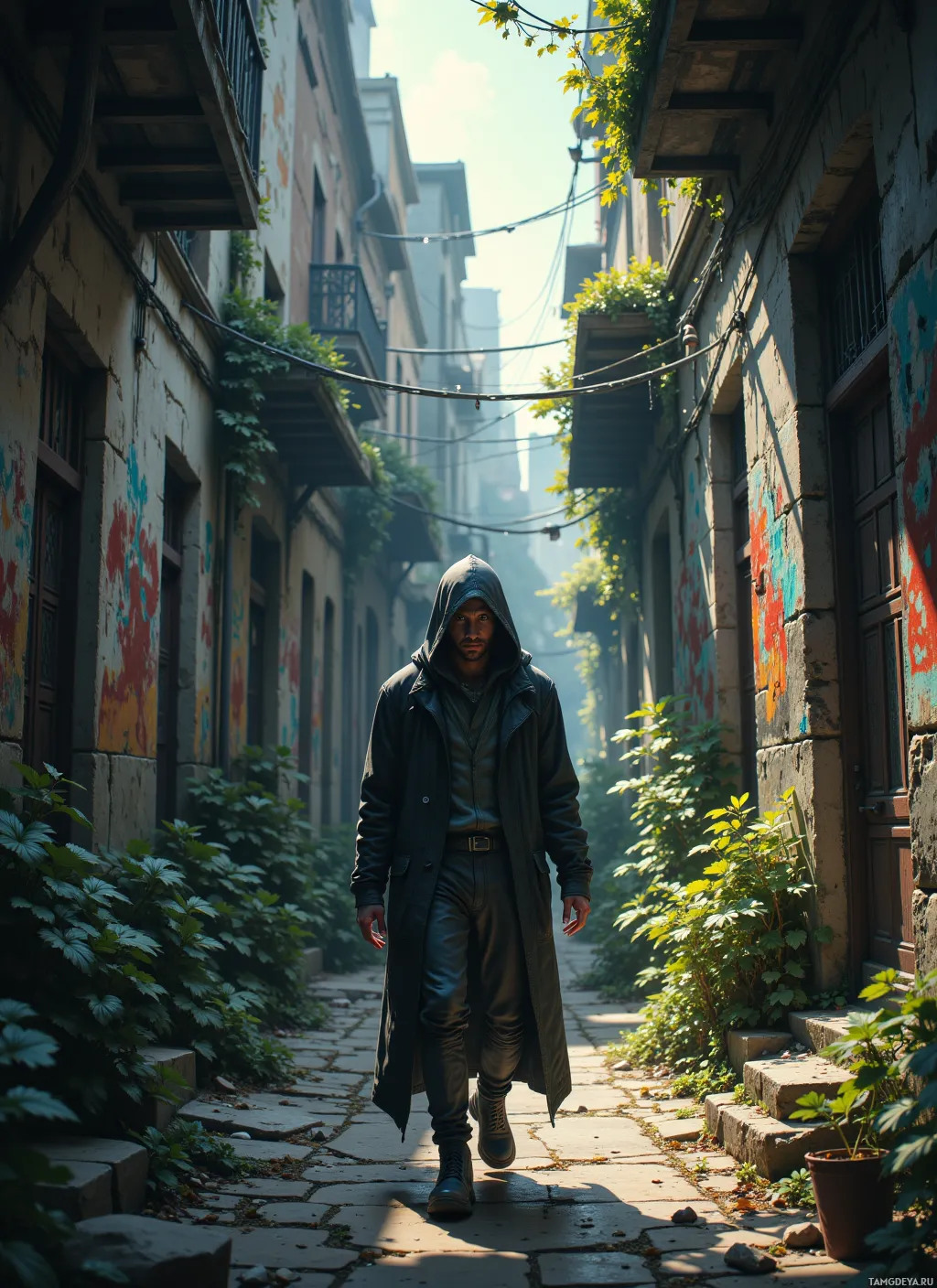A hooded figure walks down a narrow alleyway lined with old buildings and overgrown plants.