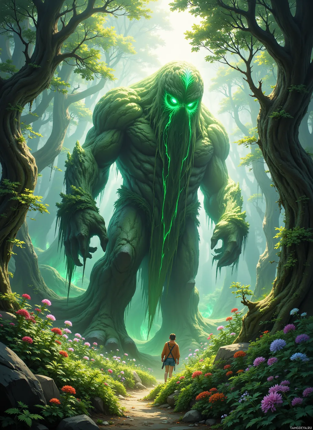 A large, green, monstrous creature with glowing eyes stands in a lush forest, while a person walks away on a path.