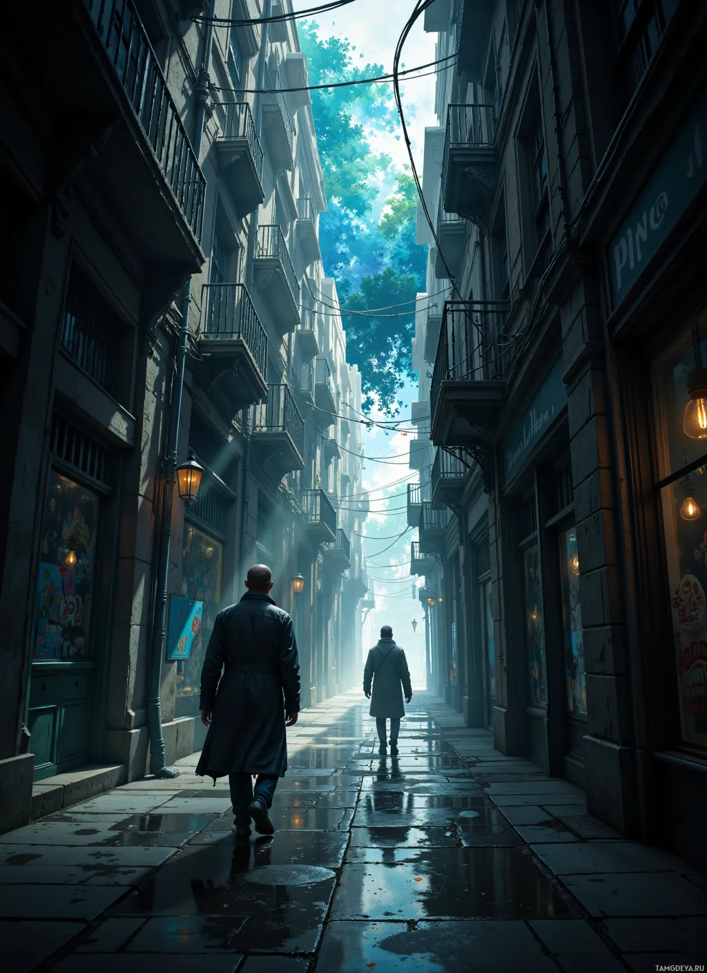 Two figures walk down a narrow, dimly lit alleyway lined with old buildings and street lamps.