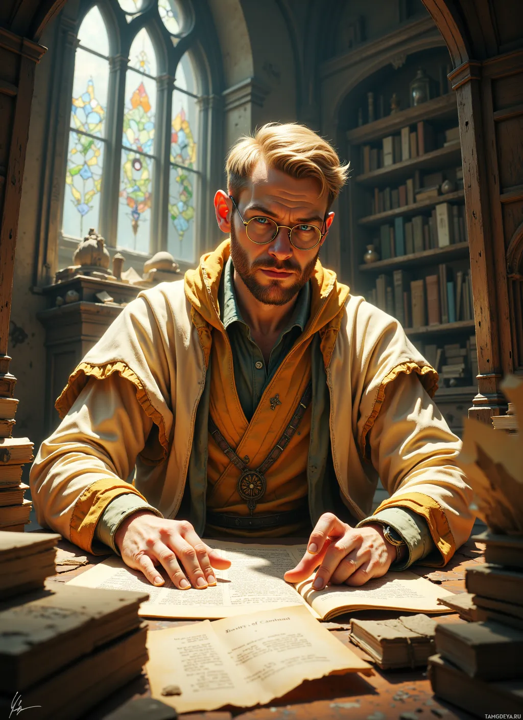 A man in a historical-style outfit sits at a desk surrounded by books, reading an open book.