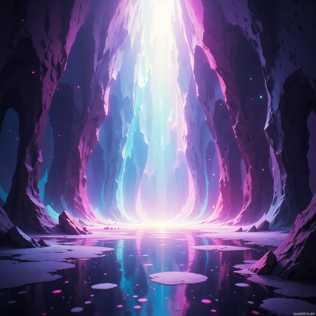 A mystical cave with glowing light at the end and reflective water.