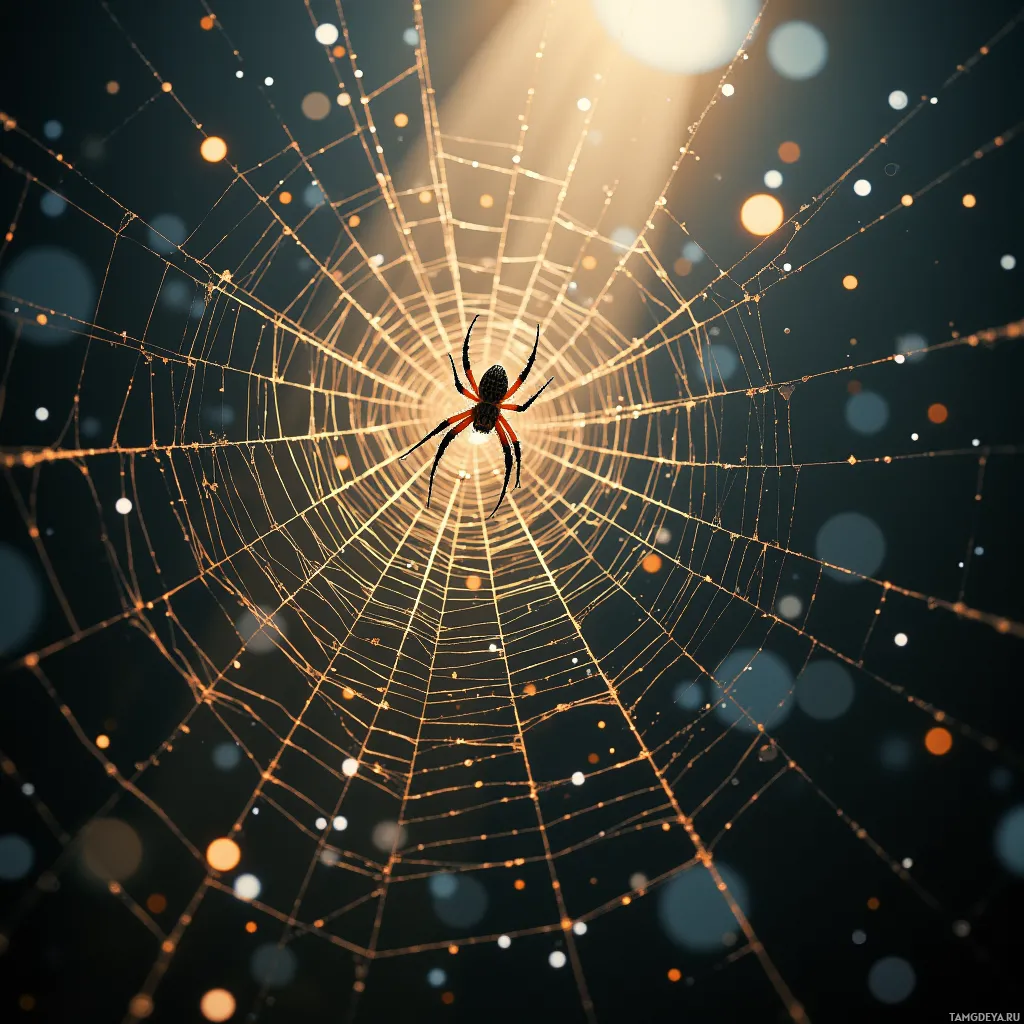 A spider sits at the center of its intricate web, illuminated by a glowing light source.