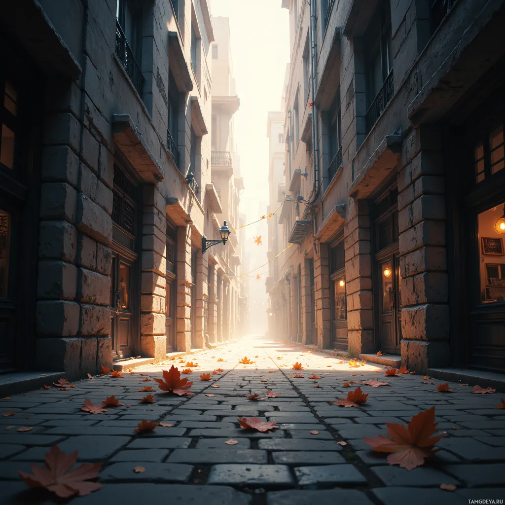 A cobblestone street lined with stone buildings and autumn leaves scattered on the ground.