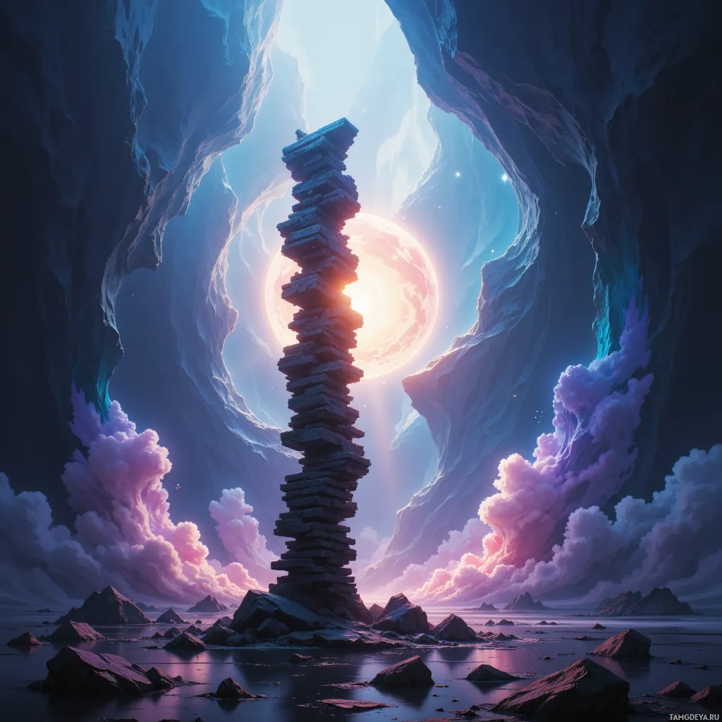 A surreal landscape featuring a towering stone structure in a cave with a glowing celestial body in the background.