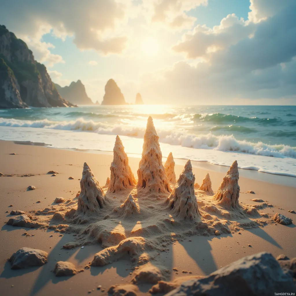 A sandcastle on a beach with waves and a mountainous backdrop under a bright sky.