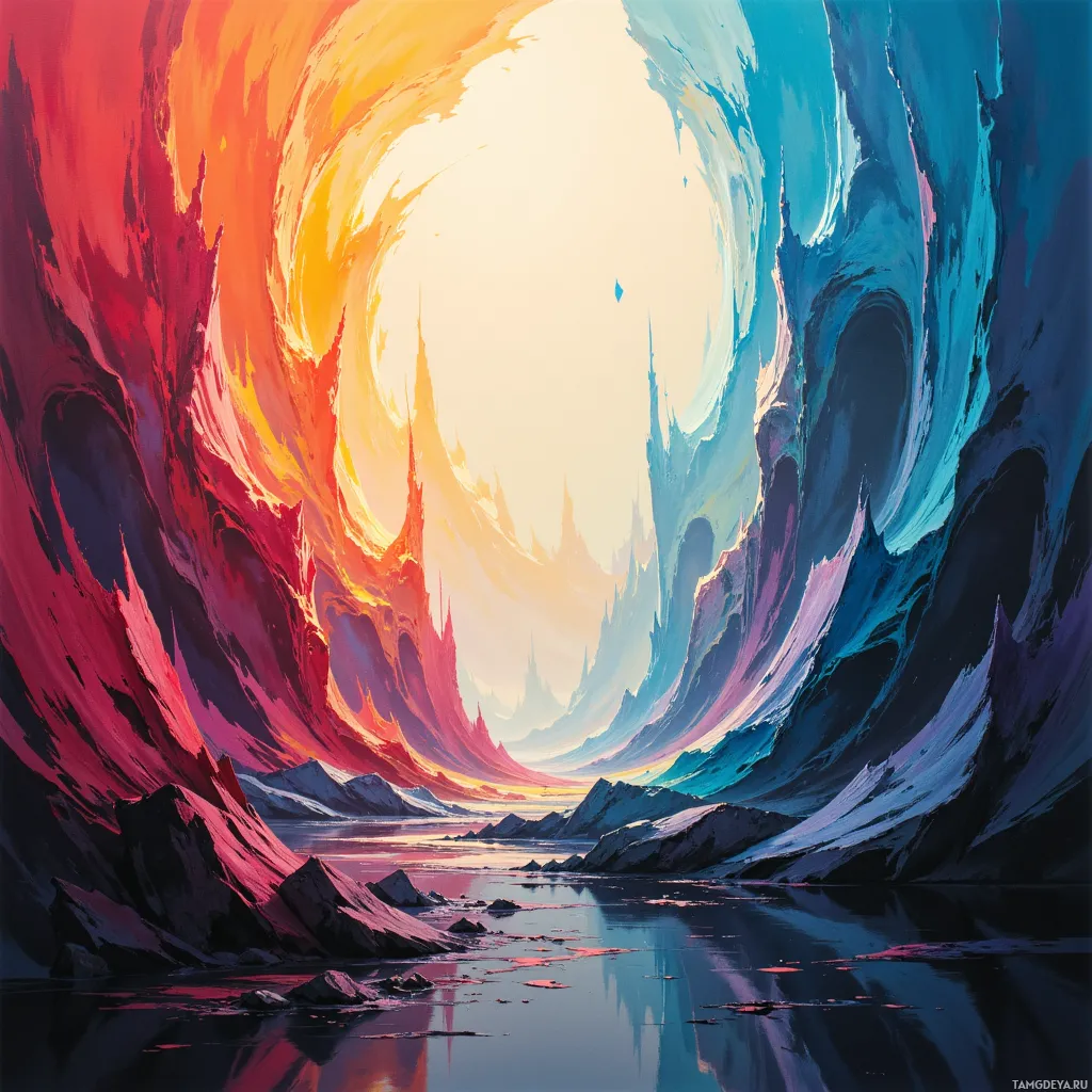 A vibrant, surreal landscape featuring a fiery red and icy blue tunnel leading to a bright light at the end.