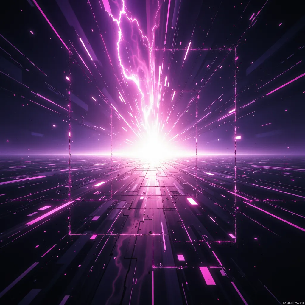 A vibrant, futuristic digital artwork featuring a glowing pink and purple light trail leading towards a bright center.