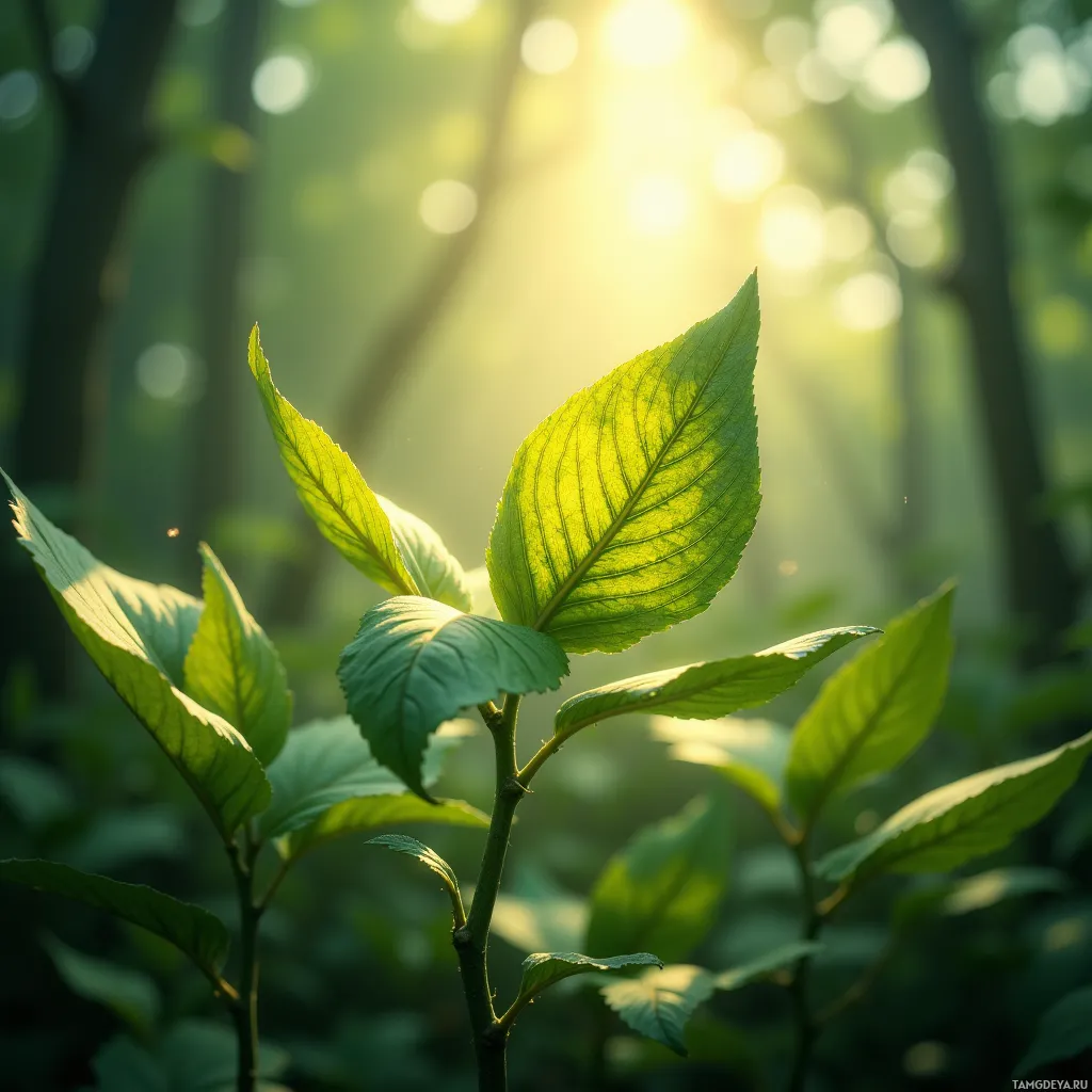 A close-up of vibrant green leaves bathed in sunlight filtering through a forest.