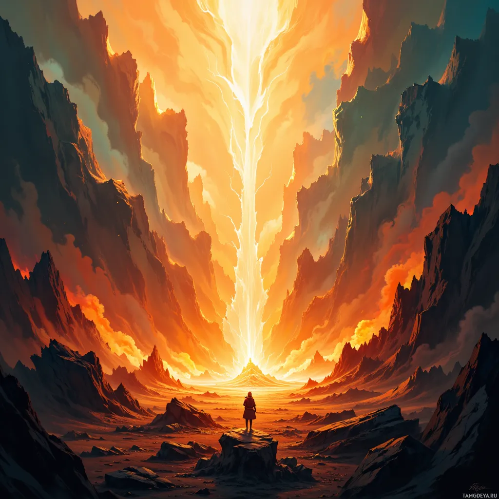 A lone figure stands on a rocky outcrop, gazing at a fiery, glowing portal in a dramatic, mountainous landscape.