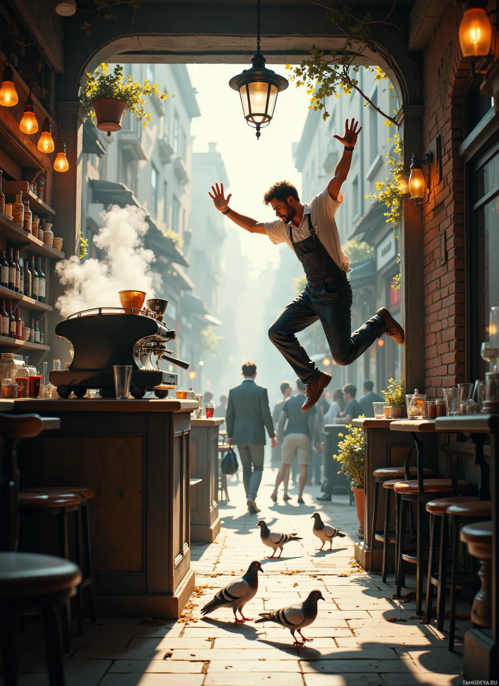 A man jumps joyfully in front of a café with a steamy espresso machine and pigeons on the ground.