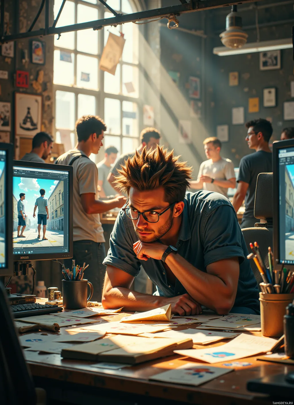 A man leans on his desk in a creative workspace, surrounded by colleagues and artwork.