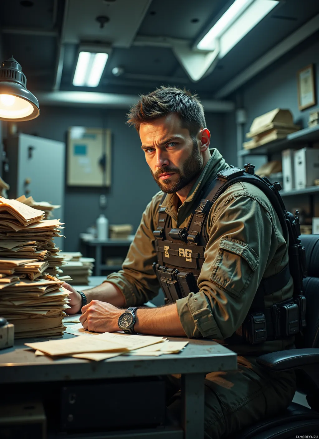 A man in military attire sits at a desk in a dimly lit office, surrounded by stacks of papers and shelves.