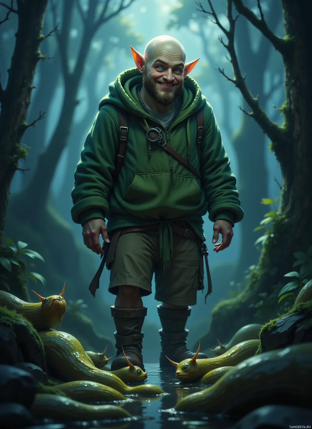 A character with pointed ears and a green hoodie stands in a forest, surrounded by small, yellow creatures.
