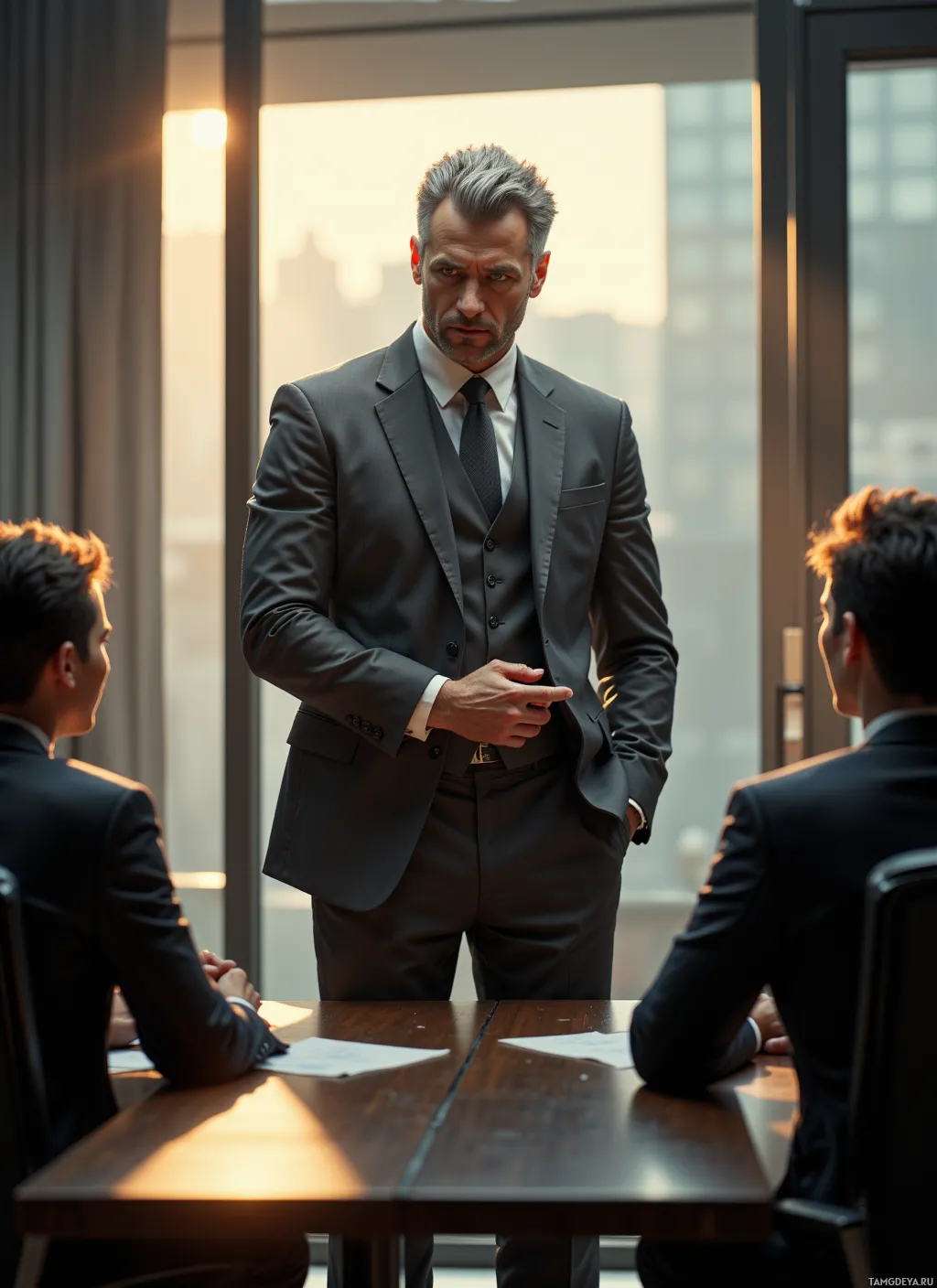 A man in a suit stands in a conference room, facing two seated individuals.