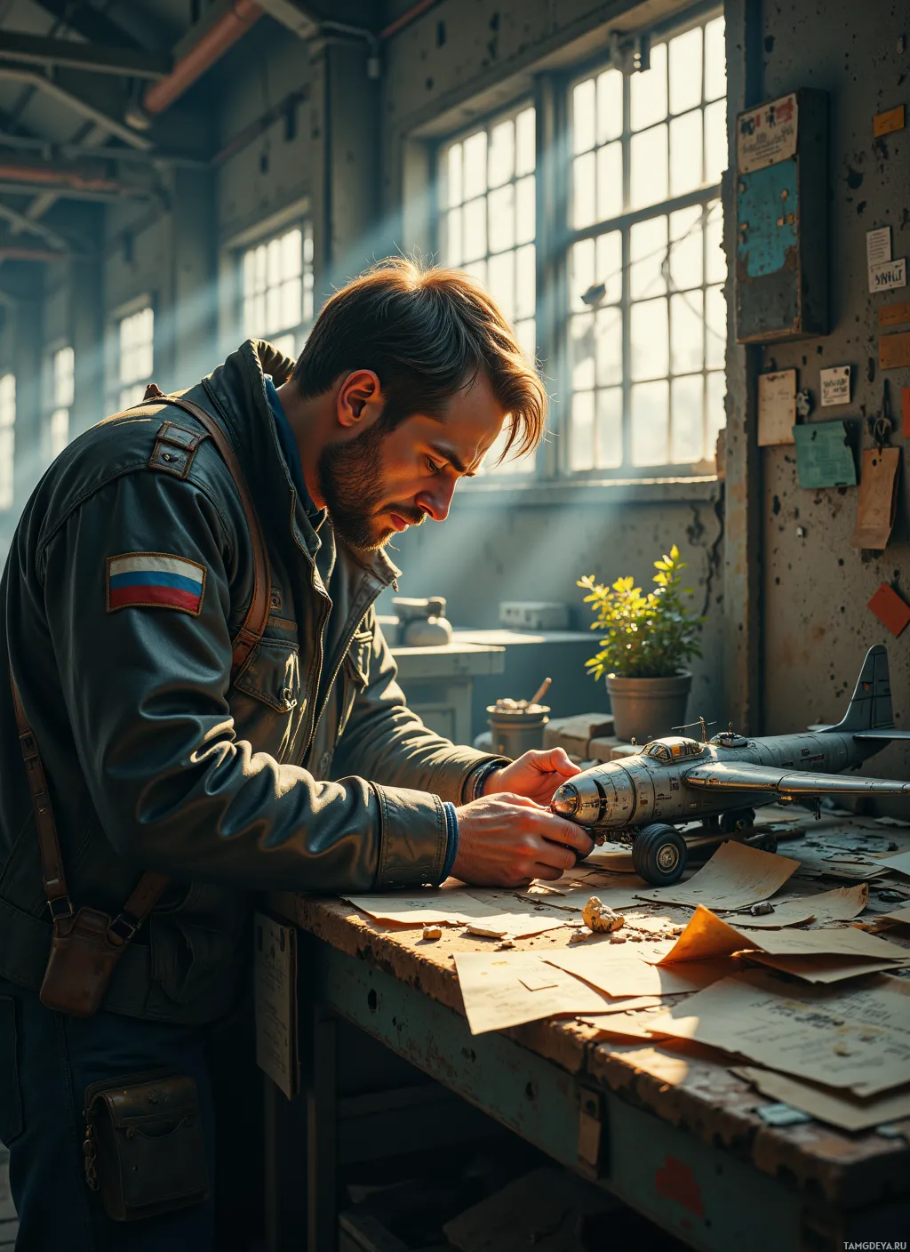 A man in a military-style jacket works on a model airplane in a dimly lit workshop.