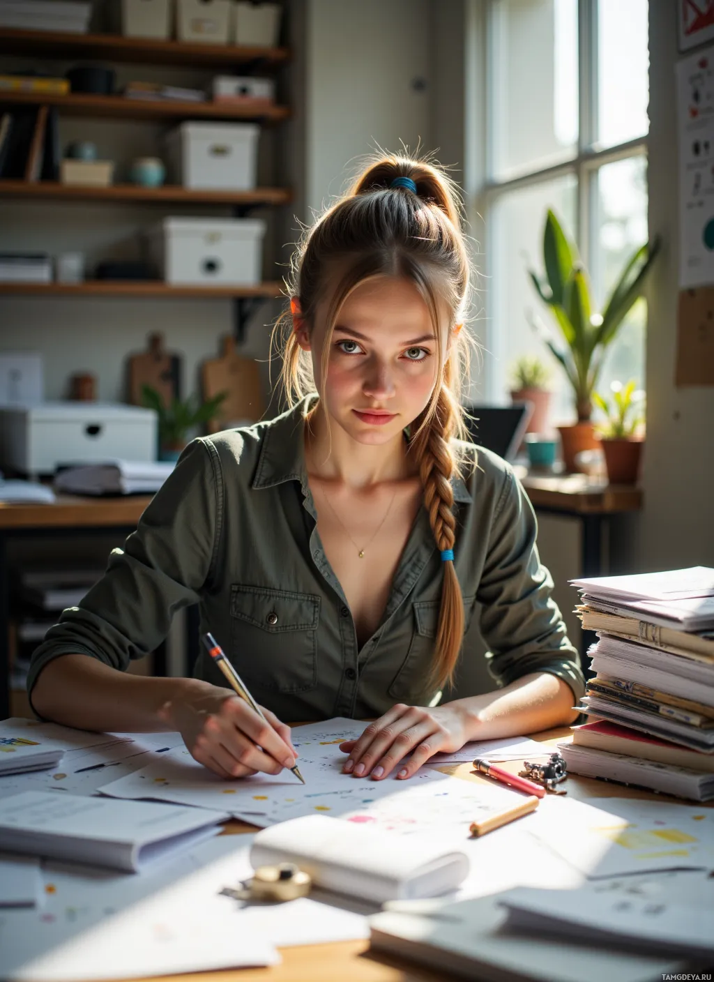 A young woman sits at a desk in a well-lit room, surrounded by books and papers, writing with a pen.