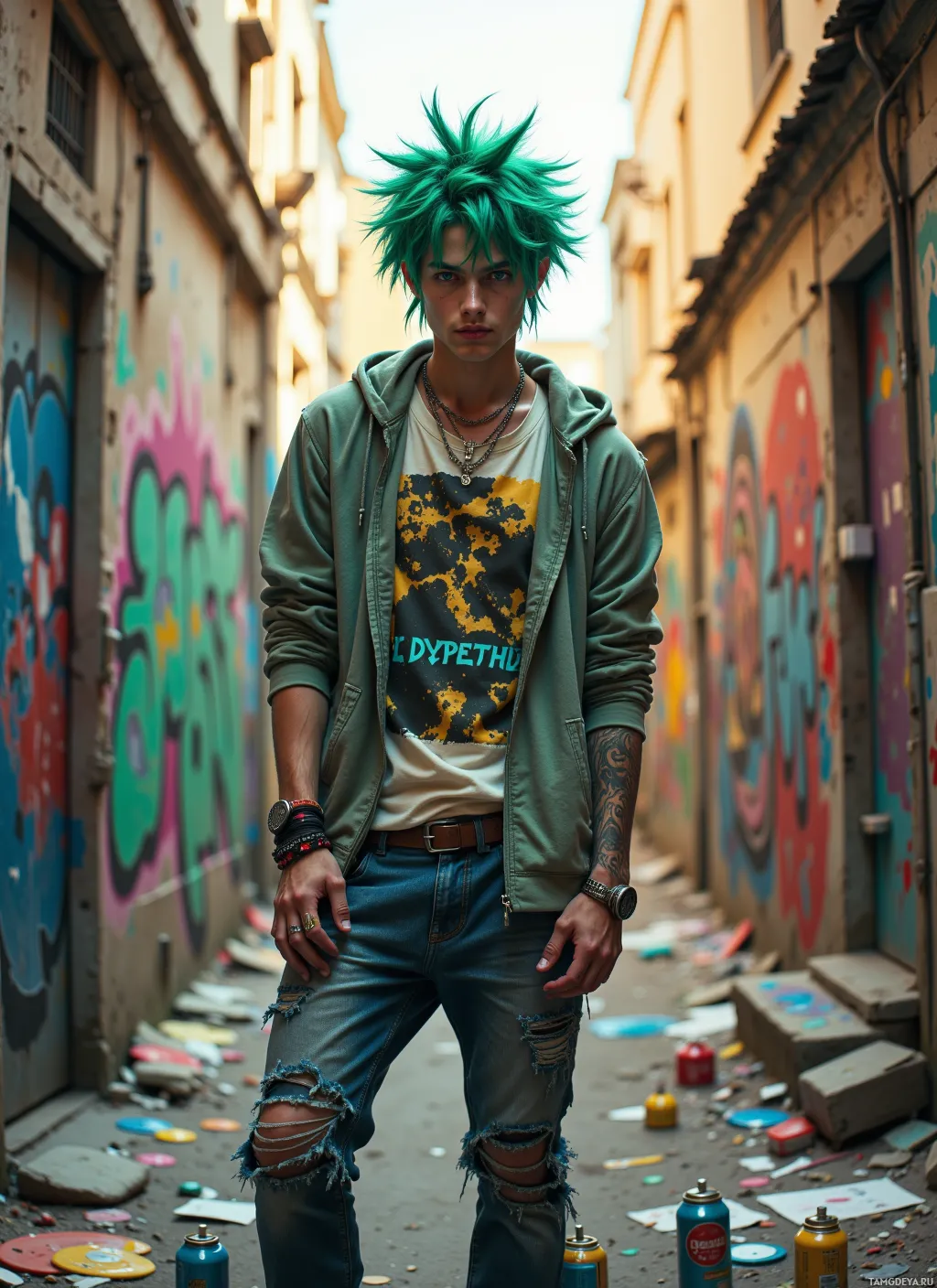 A person with green spiky hair stands in an alleyway with graffiti-covered walls.