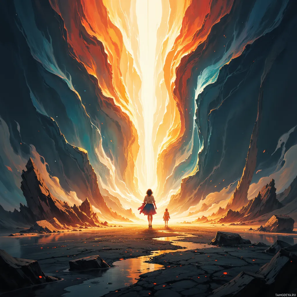A figure stands at the entrance of a glowing, fiery chasm, with a child beside them, set against a dramatic, rocky landscape.