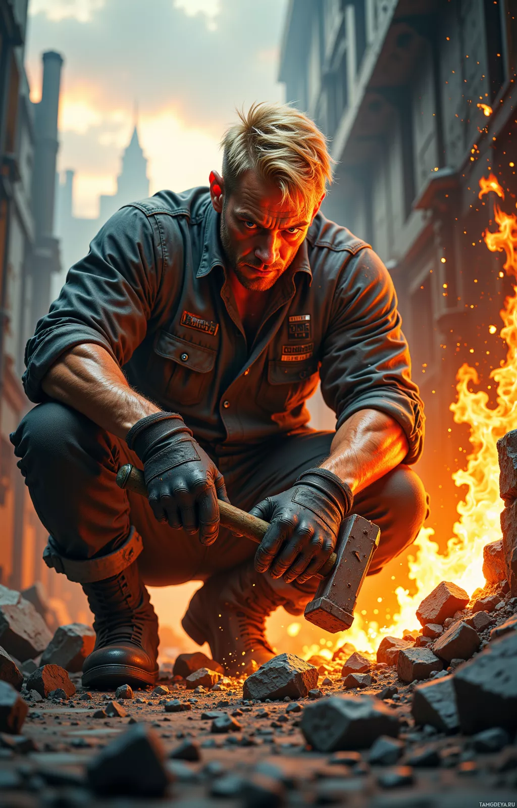 A man in a work uniform crouches by a forge, holding a hammer, with sparks flying.
