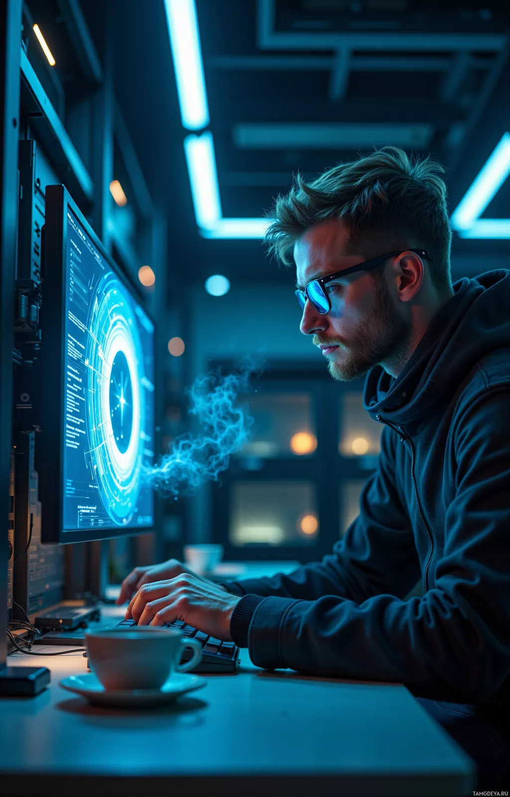 A person wearing glasses works on a computer in a dimly lit room with blue lighting.