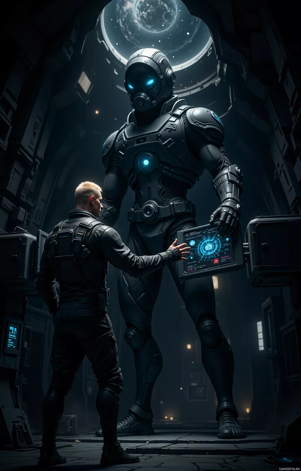 A futuristic scene featuring a human and a large robot interacting with a tablet in a dimly lit, sci-fi environment.