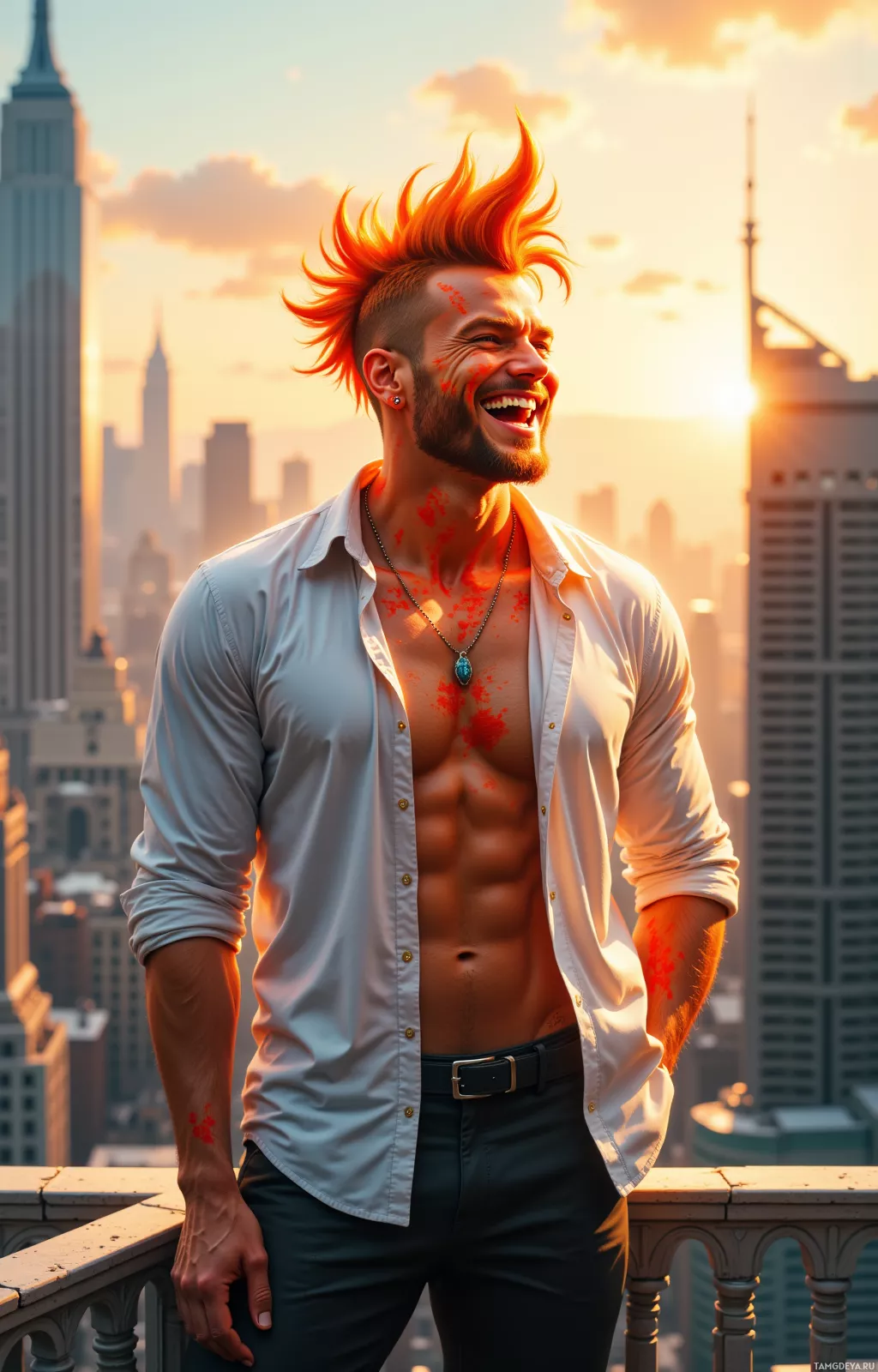 A man with spiky orange hair and a white shirt stands on a rooftop overlooking a cityscape at sunset.