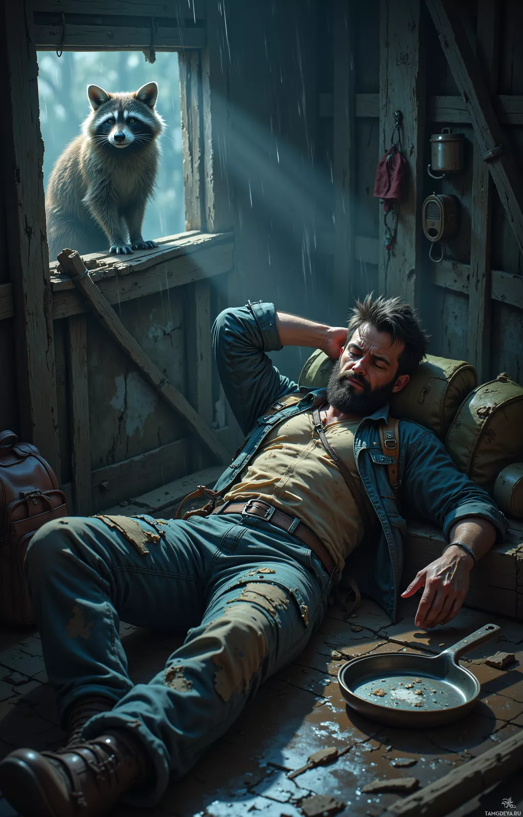 A man lies on the ground in a rustic setting, with a raccoon perched on a window ledge above him.