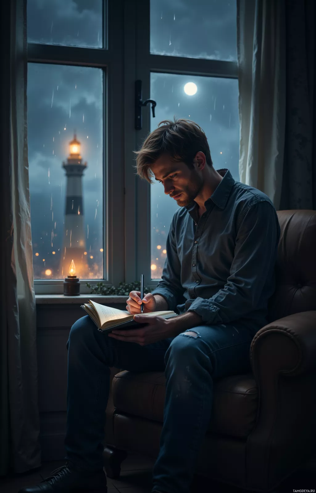A man sits by a window, writing in a notebook under the glow of a candle.