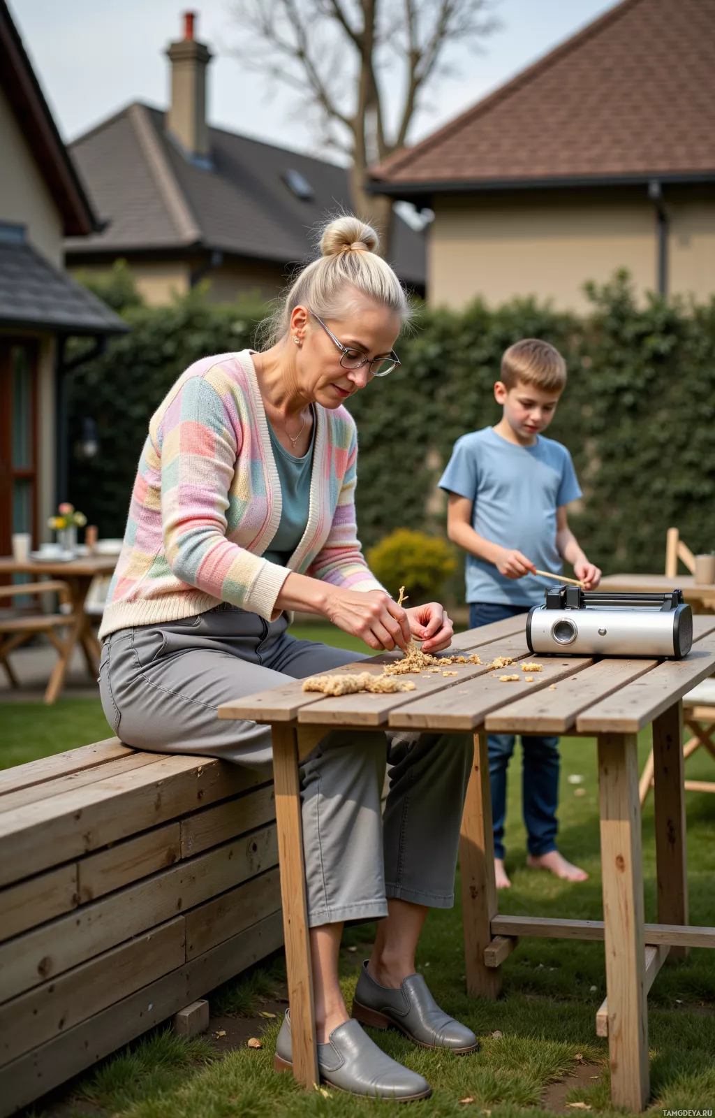 A woman and a boy are engaged in an outdoor activity at a wooden table.
