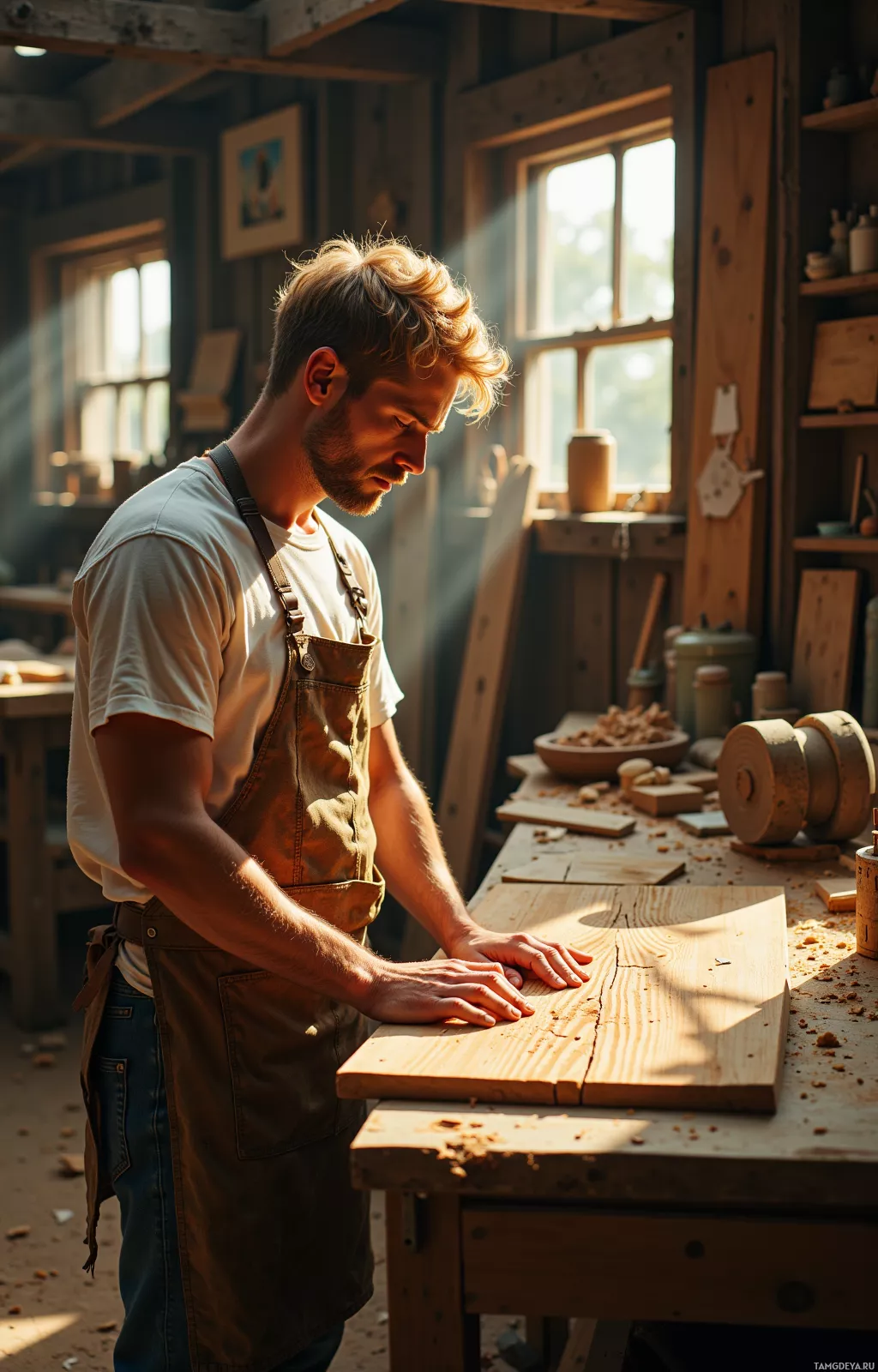 A man in an apron works in a well-lit workshop, focusing on a piece of wood.