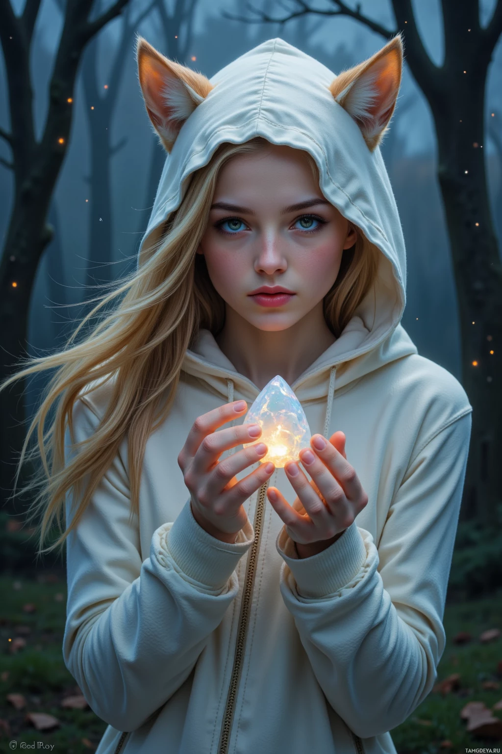 A person wearing a hoodie with cat ears holds a glowing crystal in a forest setting.