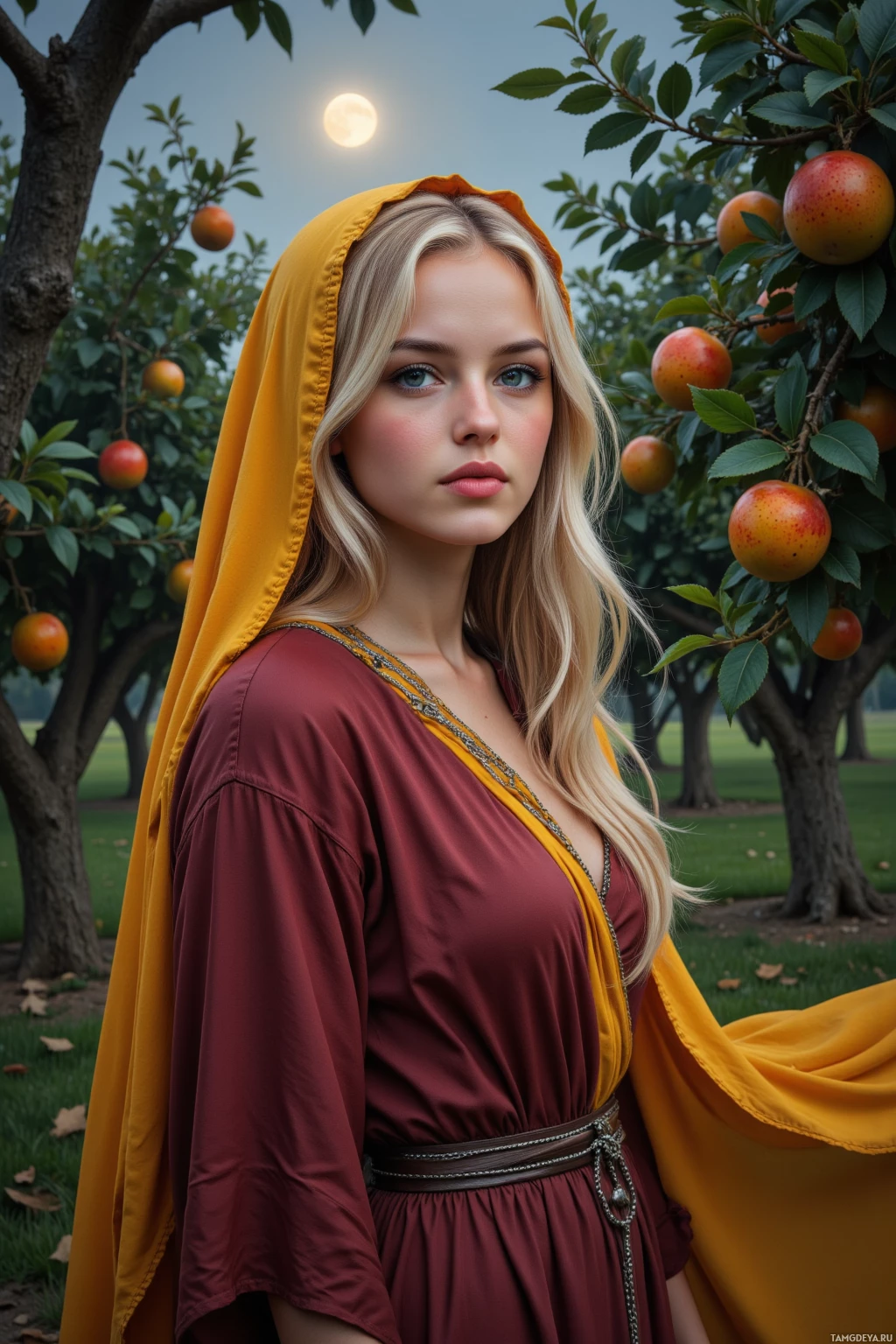 A woman in a maroon dress with a yellow hood stands in an orchard under a full moon.