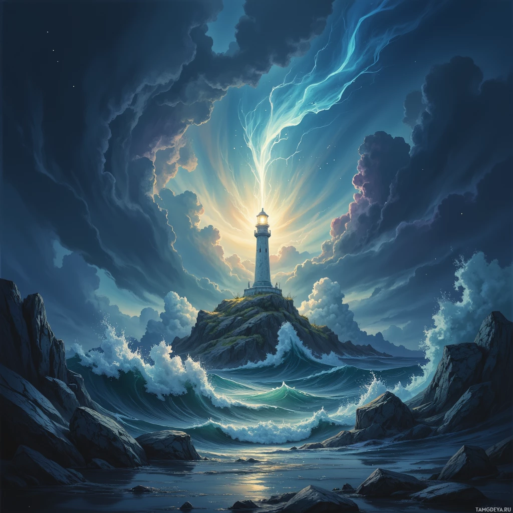 A dramatic night scene featuring a lighthouse on a rocky island with crashing waves and lightning streaks in the sky.