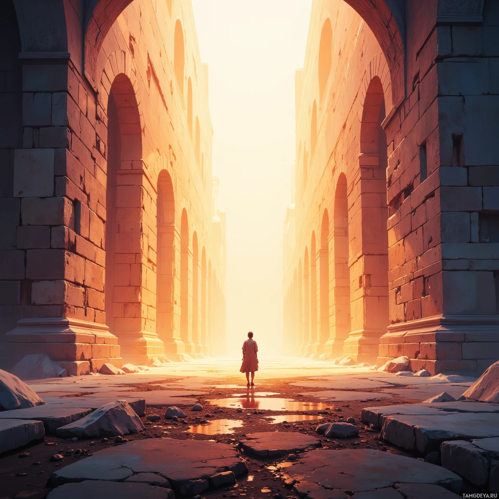 A lone figure in a red dress walks through an ancient stone archway bathed in golden light.