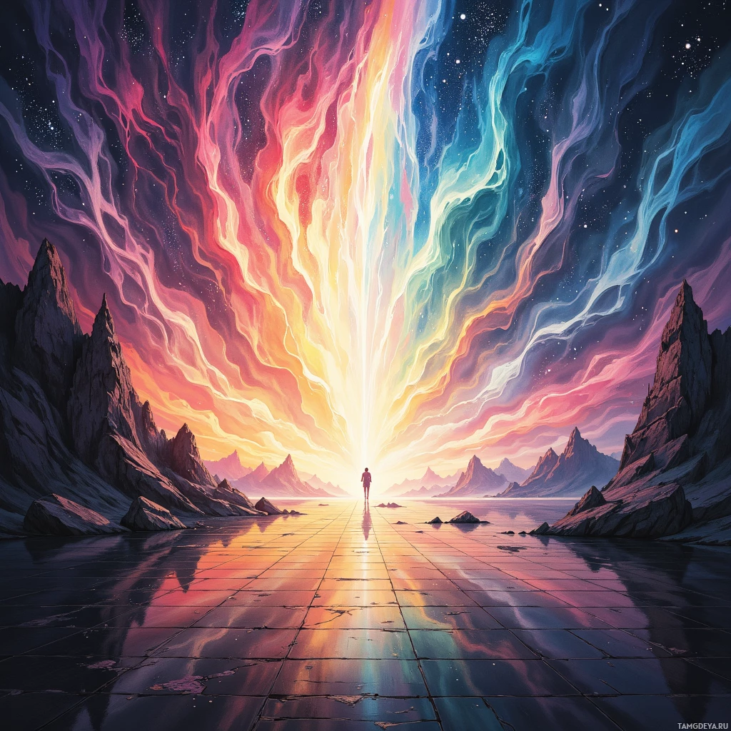 A person stands on a reflective path leading towards a radiant, colorful sky with swirling clouds and distant mountain peaks.