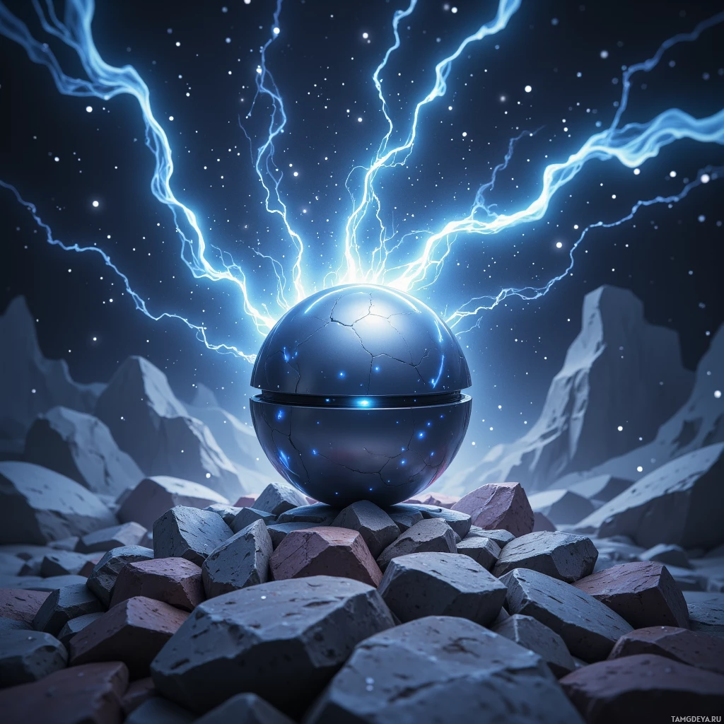 A glowing blue sphere emits electric arcs against a starry night sky and rocky terrain.