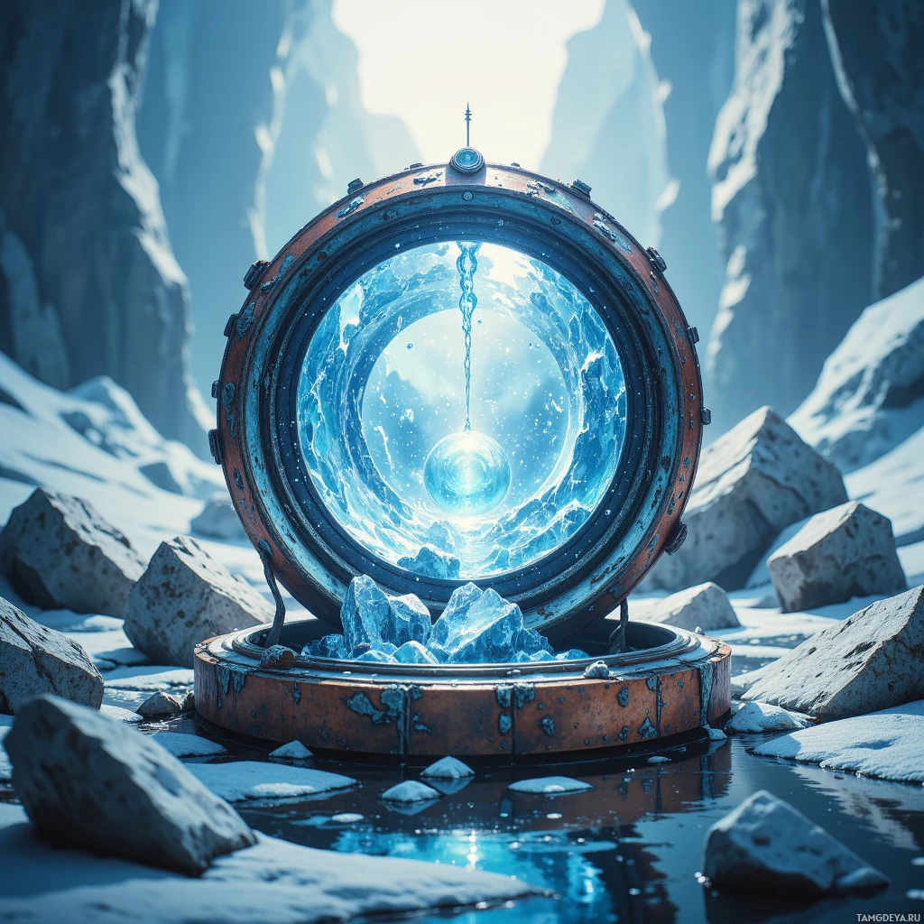 A circular portal in a snowy landscape with a glowing blue interior.