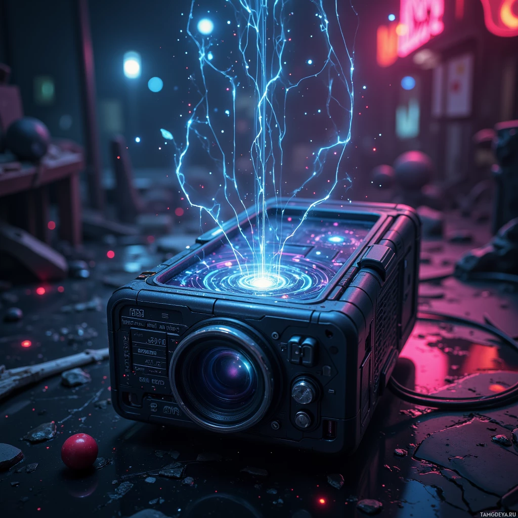 A futuristic camera with glowing blue energy emanating from its lens, set against a dark, neon-lit background.