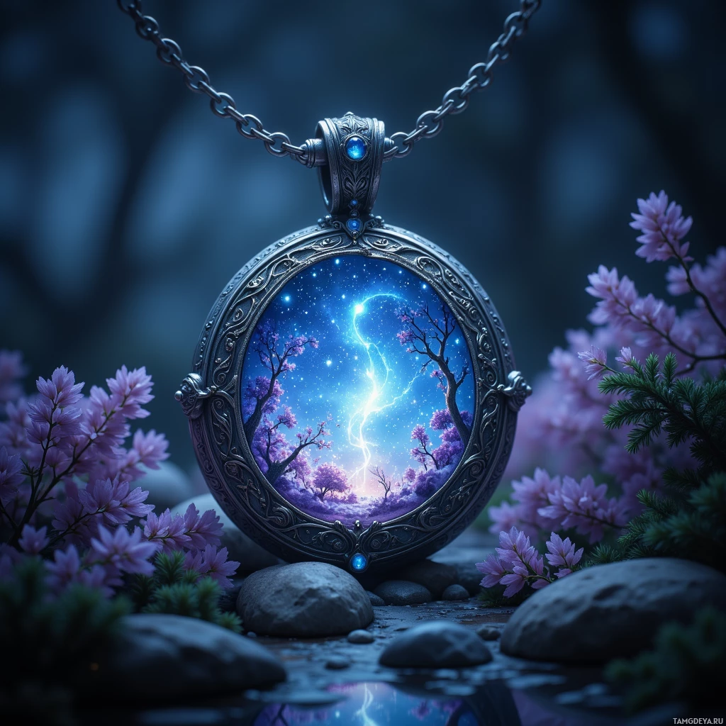 A necklace with an ornate pendant featuring a night sky, trees, and purple flowers.