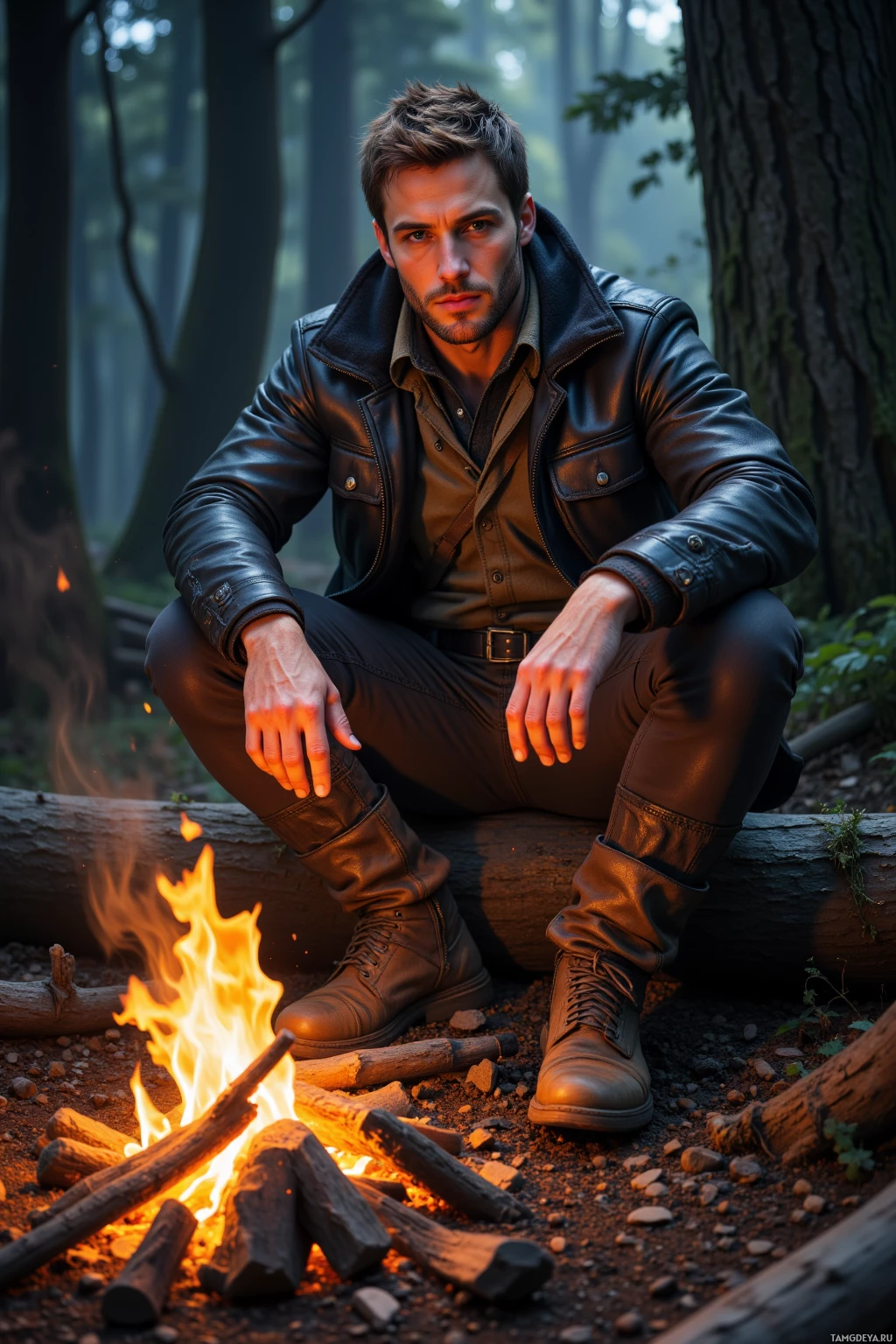 A man in a leather jacket sits by a campfire in a forest.