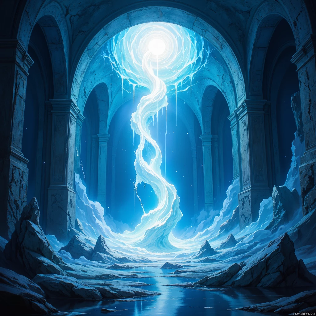 A fantastical icy landscape with a glowing portal at the end of a stone archway.