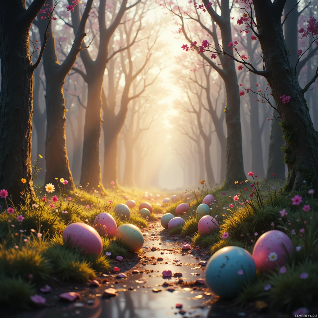 A serene forest scene with Easter eggs and blooming flowers on the forest floor.